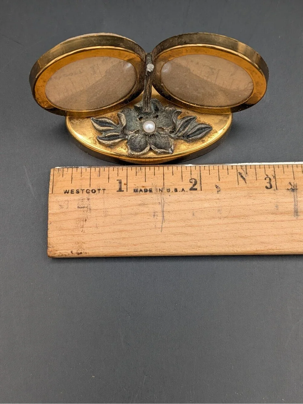 Vintage Mini Double Picture Frame Gold Tone Brass Floral Faux Pearl Oval Frame